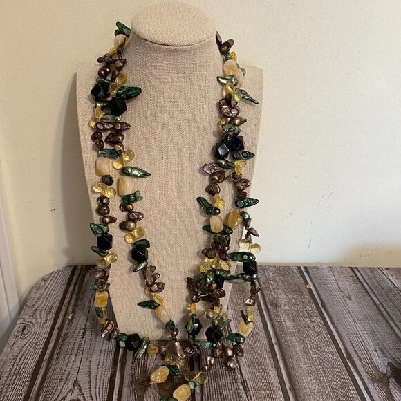 Necklace Small Freshwater Pearls and Polished Natural Stones Quartz - Picture 1 of 8